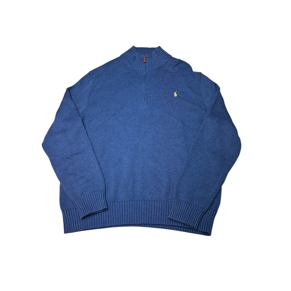 Polo Ralph Lauren Mens XL Blue Cotton Quarter Zip Sweater Yellow Pony Logo